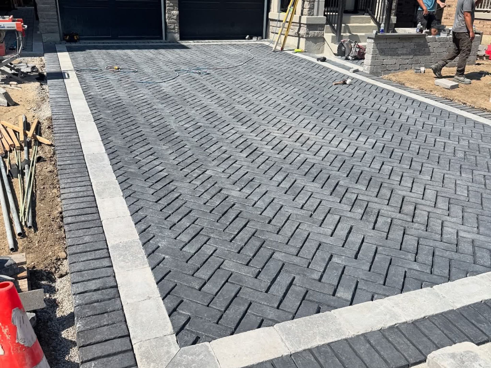 Overhead view of custom backyard patio with pavers and landscaping in Lancaster, PA